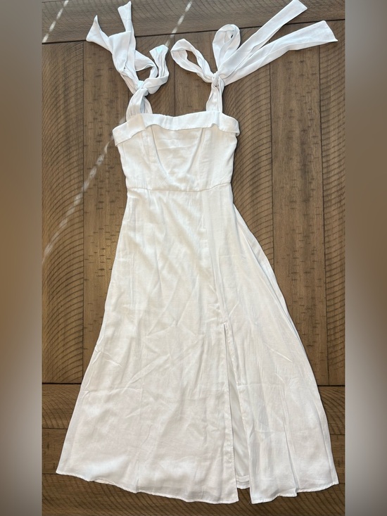Francesca's Collections Dresses & Skirts - Francesca's White Midi Length Tie Strap Linen Dress - Front Slit